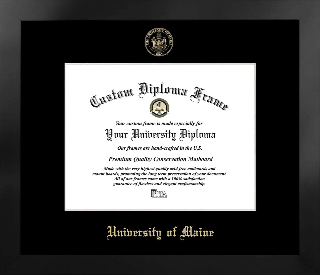 Maine University 9w x 7h Manhattan Black Single Mat Gold Embossed Diploma Frame with Bonus Campus Images Lithograph (value savings at $59)